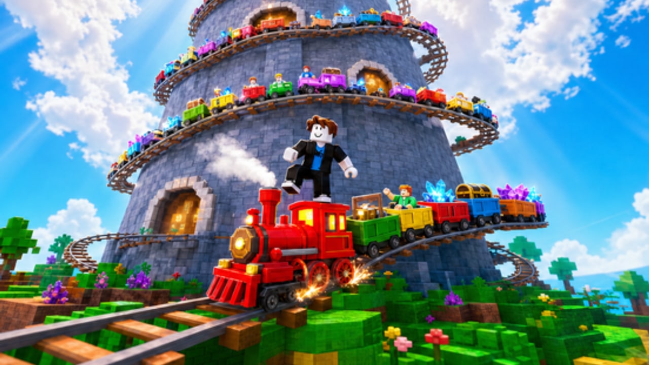 A red locomotive and colorful ore carts racing past the spiral Tier Tower in My Lucky Train on Roblox