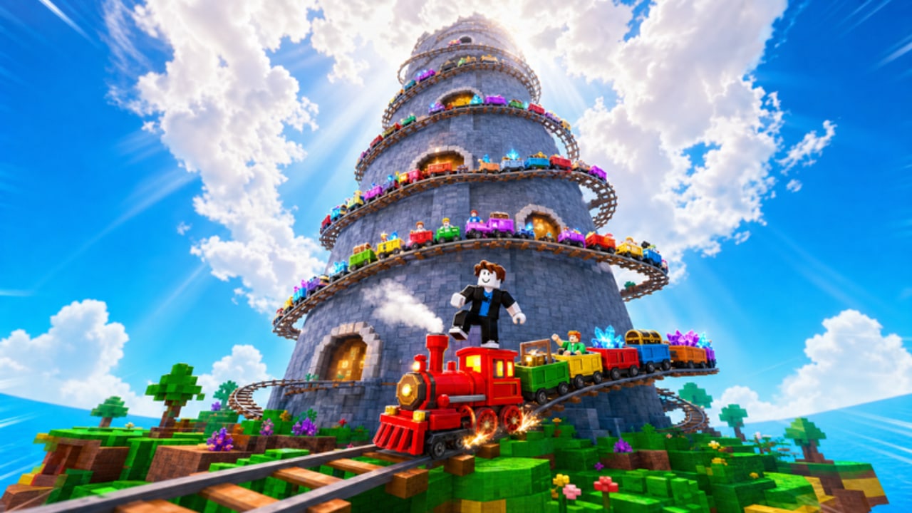Island overview of My Lucky Train showing the stone Tier Tower, looping railways, and a player riding a red steam train